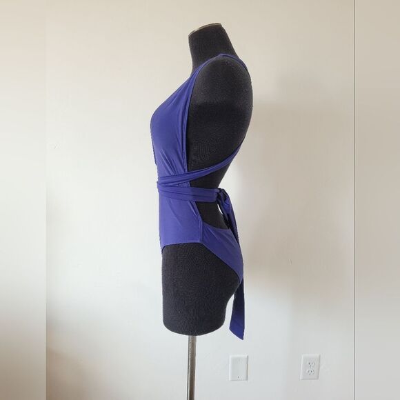 One Piece Swimsuit Navy Blue Wrap Plunge Adjustable Comfy Beach Pool Vacay Small - Picture 3 of 5